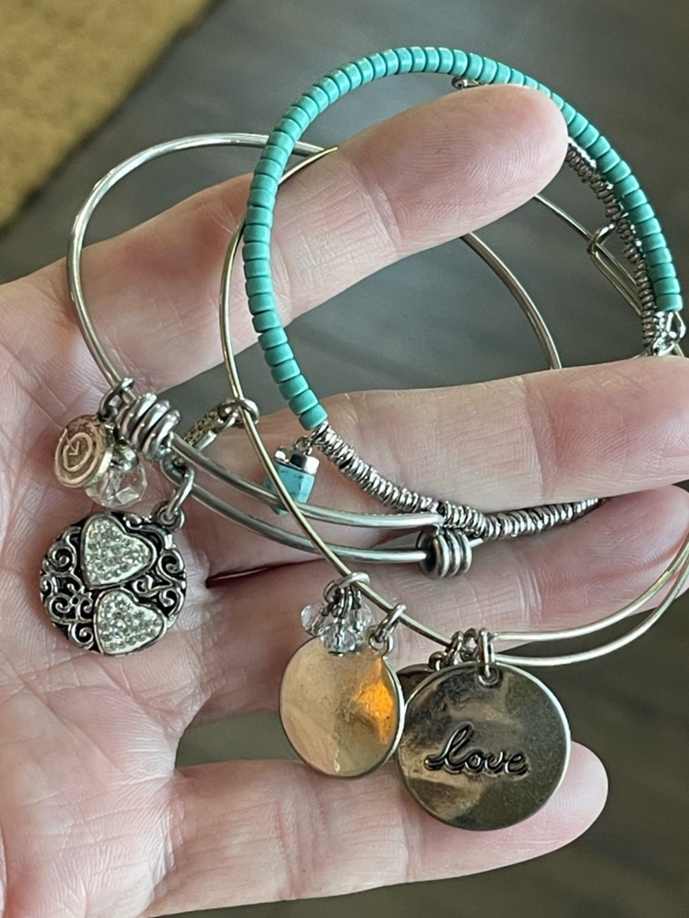 Turquoise Beaded Silver-Tone Charm Bangle Set - Daughter/Friendship